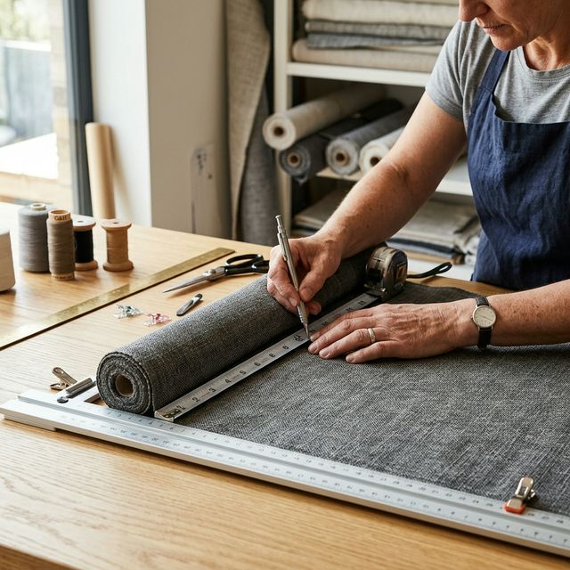 Close-up of skilled artisan carefully measuring and assembling premium textured fabric for custom window blinds